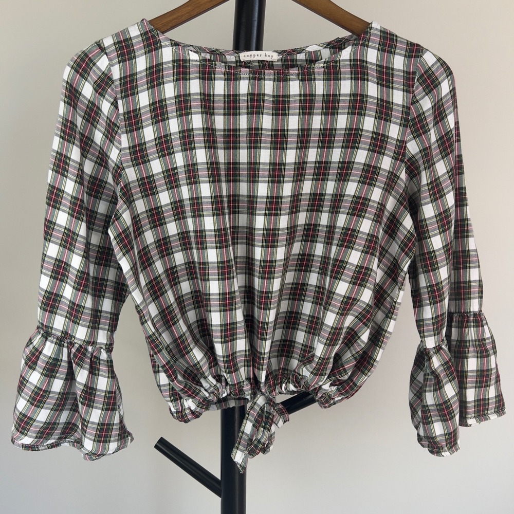 Copper Key Plaid Bell Sleeve Tie Front Crop Blouse Size M L Cottagecore